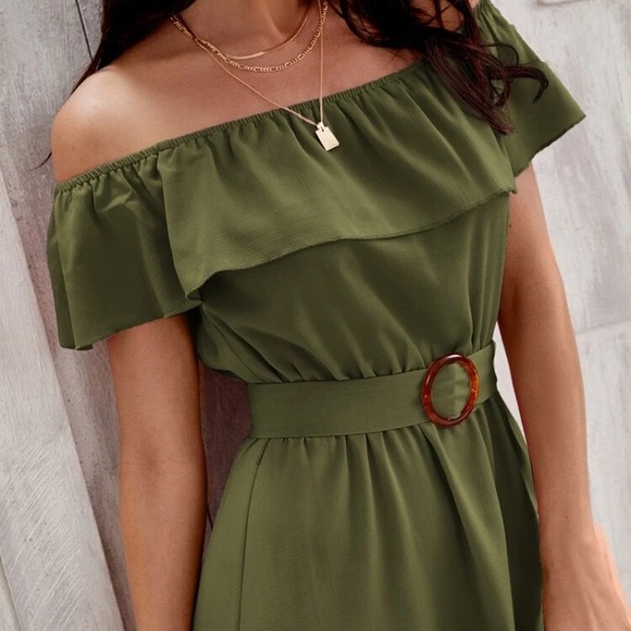 Boho Off The Shoulder Ruffle Trim Belted Dress Army Green Size Small Romantic - Picture 2 of 7